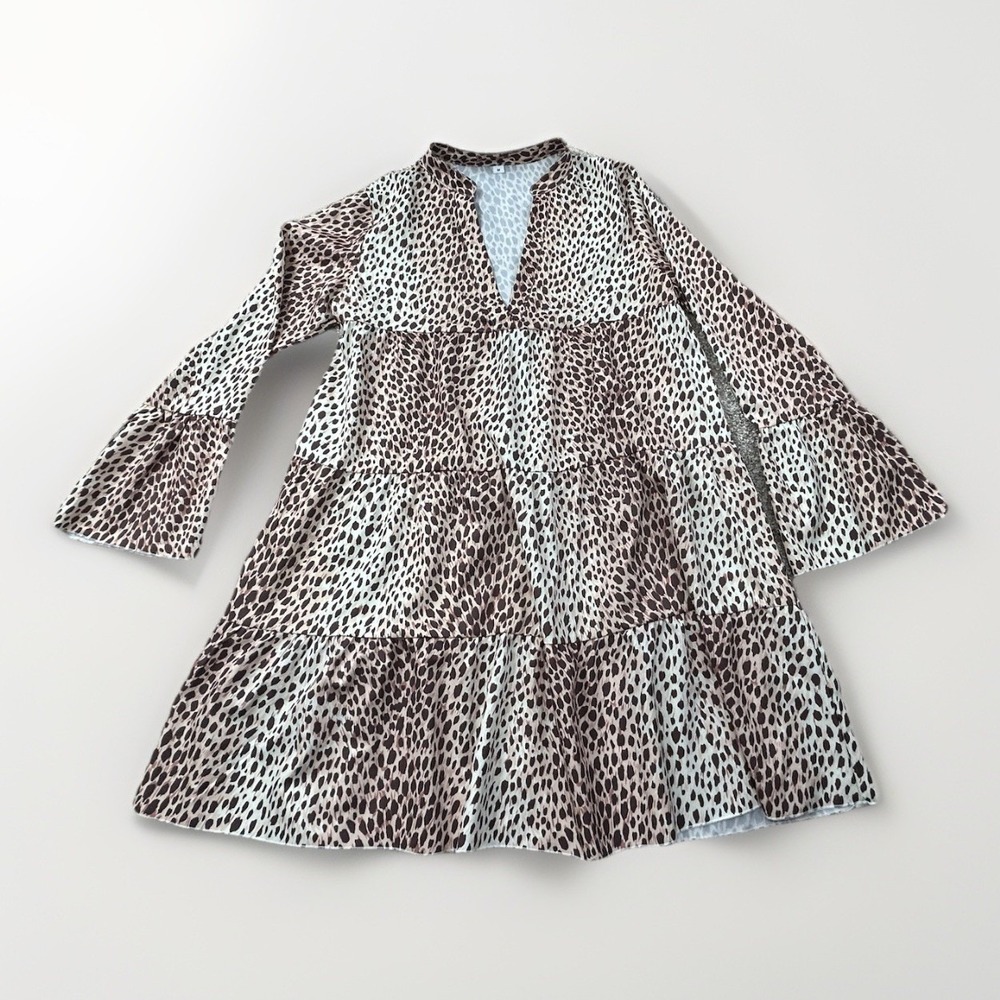 Leopard Print Long Sleeve Tiered Mini Dress Bell Sleeve Size M Lightweight